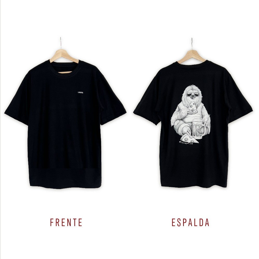 Polera Negra Perezoso Pizza